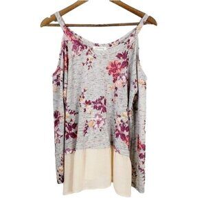 Rad Clothing Womens Cold Shoulder Floral Boho Blouse Sz L Sheer Hem Long Sleeve